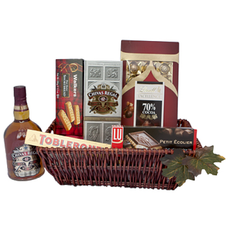 Chocolate y Chivas Regal cesta de regalo